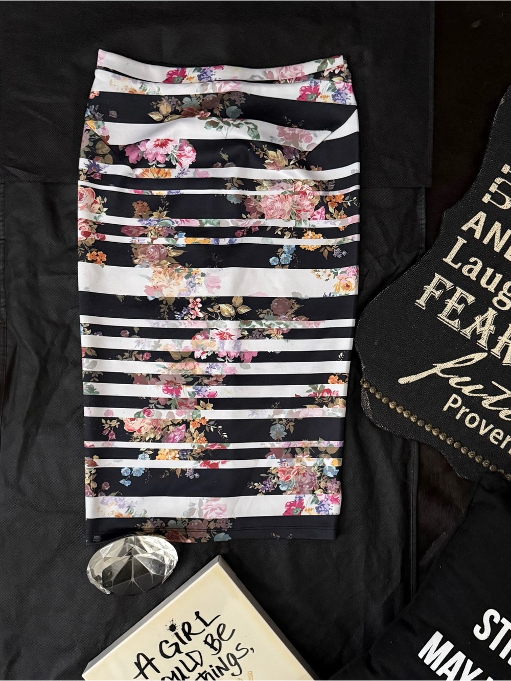 Forever 21 Black & White Striped Pencil Skirt with Pink Floral Print
